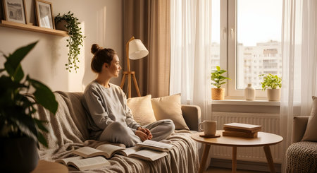 A serene young woman in comfortable loungewear sits on a couch, surrounded by books in a cozy, sunlit living room. She looks peacefully out the window, enjoying a quiet moment of relaxation and contentment at home.の素材