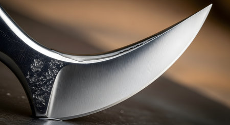 A macro shot of a beautifully crafted axe blade, showing the sharp, polished edge and the textured, forged steel. The elegant curve and fine craftsmanship highlight the quality of the handmade weapon or tool.の素材