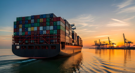 A massive container ship, fully loaded with colorful shipping containers, sails across calm waters as it leaves a commercial port at sunset. The warm, golden light of the setting sun illuminates the sky and reflects on the water, with the silhouettes of large gantry cranes visible on the horizon. The image represents global trade, logistics, and maritime transportation.の素材