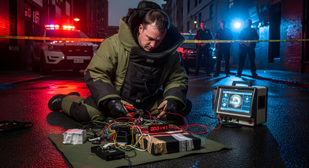 In a tense nighttime scene, a bomb disposal expert wearing a heavy blast suit carefully works to defuse a complex time bomb with a glowing red timer. Surrounded by police tape and watched by officers in the background, the bomb squad technician's focus is absolute. The image conveys immense pressure, danger, and heroism.の素材