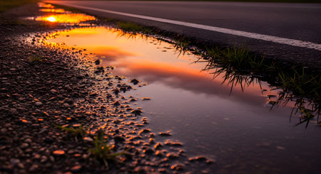 A puddle of water on the gravel shoulder of an asphalt road beautifully reflects the brilliant orange and red colors of a sunset. This low-angle shot captures a moment of unexpected beauty in a simple, everyday setting.の素材