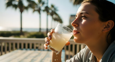 A young woman enjoys a refreshing cold drink while sitting at an outdoor table on a sunny day. With palm trees and the ocean visible in the background, the scene evokes a sense of relaxation, vacation, and summertime leisure.の素材