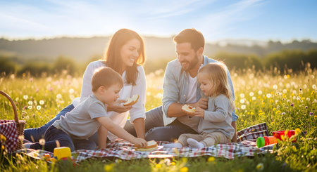 A beautiful young family, including a mother, father, son, and daughter, are all smiles as they enjoy a picnic on a checkered blanket in a sun-drenched field of wildflowers. This idyllic scene captures a perfect moment of family bonding, happiness, and outdoor leisure in the summer.の素材