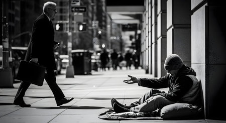 A stark black and white photo captures a homeless man begging on a city sidewalk while a businessman in a suit walks past, illustrating the social issue of poverty and wealth inequality. The image highlights themes of indifference, despair, and the gap between rich and poor.の素材