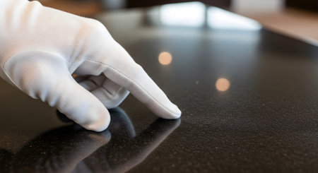 A hand wearing a clean white glove delicately touches a spotless, polished black surface to check for dust or imperfections. This action symbolizes meticulous cleanliness, quality control, inspection, and high-end service.の素材