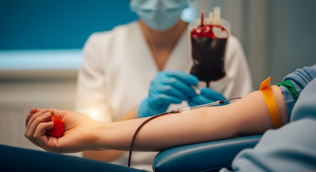 A close-up of a patient's arm during a blood donation, with the person squeezing a red stress ball. In the blurred background, a nurse holds up the filled blood bag, representing healthcare, charity, and the life-saving act of giving blood.の素材
