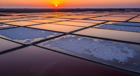 An aerial drone shot of vast salt evaporation ponds at sunset, creating a stunning geometric landscape. The water in the different pans reflects the vibrant colors of the sky, showcasing both natural beauty and industrial salt production.の素材
