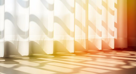 Warm, golden sunlight streams through sheer white curtains, casting beautiful, wavy shadows onto the floor of a room. The scene creates a peaceful, calm, and serene atmosphere, perfect for representing a quiet morning at home.の素材