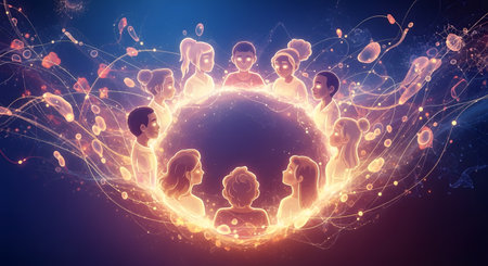 An abstract digital illustration depicting a diverse group of people as glowing figures connected in a circle of light. The central sphere is surrounded by ethereal energy lines and particles, symbolizing community, global connection, network, consciousness, and humanity. The artwork has a futuristic and spiritual feel.の素材