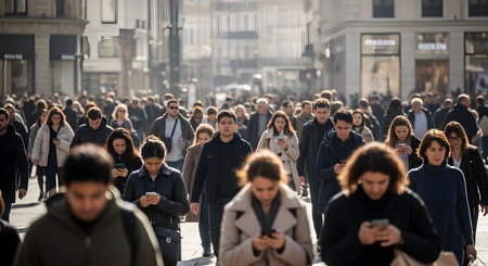 A diverse crowd of people walks along a busy city street, with many individuals engrossed in their smartphones. The image captures the fast-paced, digitally connected, and sometimes disconnected nature of modern urban society.の素材