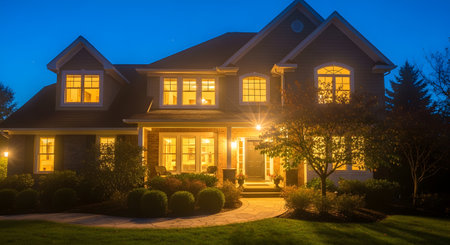 A large, two-story suburban house is beautifully lit from within at twilight, creating a warm and inviting glow against the deep blue evening sky. The well-maintained lawn and landscaping contribute to the image of an ideal family home and real estate.の素材