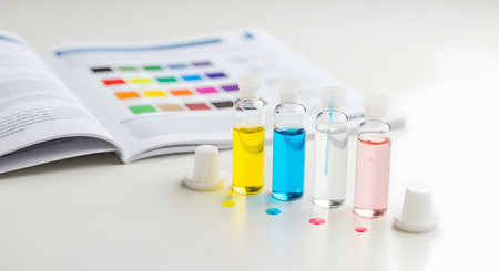Four small glass vials containing yellow, cyan, clear, and magenta liquids are lined up on a clean white surface. In the blurred background, a book or chart with a color swatch guide is visible, suggesting a laboratory setting for color analysis, printing ink tests, or scientific research. Small droplets of the corresponding colors are spilled beside the vials.の素材