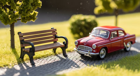 A charming miniature diorama scene featuring a red vintage toy car parked on a cobblestone path next to a small park bench. Tiny trees and green grass complete the idyllic and nostalgic sunny day setting.の素材