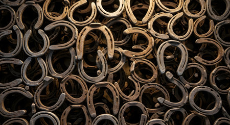 A full-frame background texture of a large pile of old, rusty horseshoes. The jumbled arrangement creates a complex and rustic pattern, highlighting the weathered metal. The image evokes themes of luck, equestrianism, western culture, and history.の素材