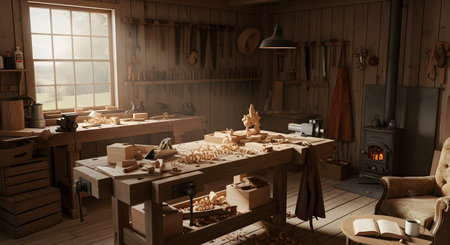 A beautifully lit, rustic woodworking workshop is filled with traditional tools, workbenches, and wood shavings. A sculpture is being carved on one bench, while sunlight streams through a large window, illuminating the dusty, creative atmosphere. A wood-burning stove and a comfortable armchair create a cozy and timeless scene of craftsmanship.の素材