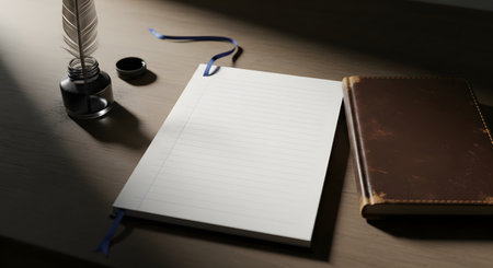 An atmospheric scene of a vintage writing desk, featuring a quill pen in an inkwell, a leather-bound journal, and a blank sheet of lined paper. The dramatic lighting and classic objects evoke a sense of history, literature, and the start of a new story.の素材