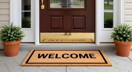 An inviting WELCOME doormat is placed on the porch in front of a dark wood front door. Two green potted plants frame the entrance, creating a warm and hospitable entryway to a home.の素材