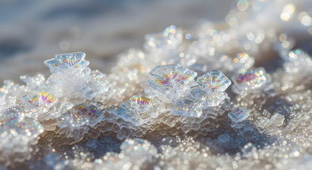 An extreme macro photograph of delicate, geometric ice crystals sparkling brilliantly in the sunlight. The multifaceted frost formations act like tiny prisms, refracting light into a rainbow of iridescent colors. This beautiful, abstract image captures the magical and intricate details of winter.の素材