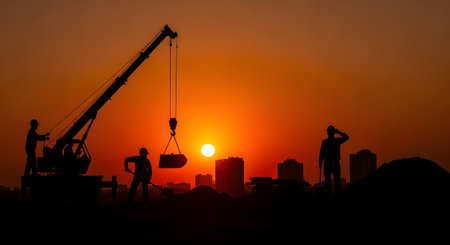 A dramatic silhouette of a construction site against a vibrant orange sunset. Workers and a crane are visible as dark shapes against the glowing sky and city skyline, symbolizing industry, development, and the end of the workday.の素材