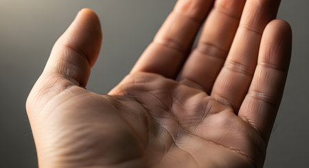 A detailed macro shot captures the open palm of a human hand, with soft light illuminating the intricate network of lines, creases, and skin texture. The gesture of an open hand can symbolize giving, receiving, honesty, and connection.の素材