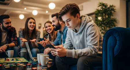 A young man is absorbed in his smartphone, looking withdrawn and isolated, while a group of friends laugh and socialize behind him during a board game night. The scene illustrates concepts of social anxiety, phone addiction, and feeling disconnected in a social setting.の素材