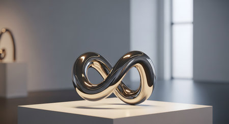 A polished chrome sculpture of an infinity symbol is elegantly displayed on a white pedestal in a minimalist art gallery. The reflective surface of the modern artwork creates a sense of endlessness and contemporary design.の素材