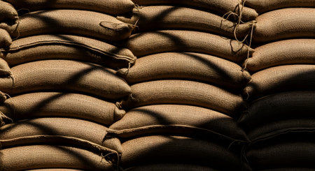 A tightly stacked wall of coarse burlap sacks creates a repeating, textured pattern. Strong directional light casts deep shadows across the sacks, highlighting their rounded shapes and the rough texture of the jute fabric. The image can represent agriculture, storage, trade, or barricades.の素材