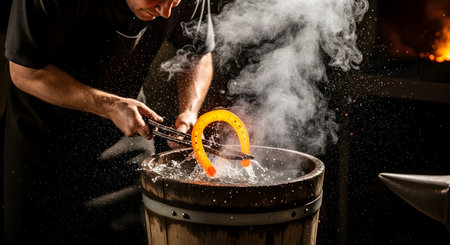A dramatic action shot of a blacksmith quenching a glowing, red-hot horseshoe in a wooden barrel of water. The intense heat causes the water to erupt in a violent splash and a large cloud of steam, highlighting the transformative process of forging metal. The scene is set in a dark, traditional forge.の素材