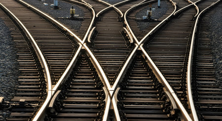 An overhead view of complex railway tracks splitting, crossing, and merging. The image symbolizes concepts like choices, decisions, different paths, strategy, journey, and complexity.の素材
