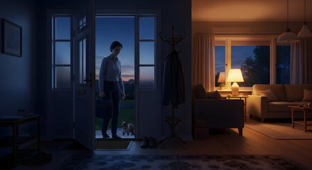 A woman with a briefcase looks tired as she arrives home at dusk, greeted at the open door by her small dog. The warm, inviting light from inside the cozy living room contrasts with the cool, blue twilight outside. The scene conveys the feeling of coming home after a long day of work.の素材
