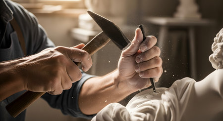 A close-up of a sculptor's strong hands at work, using a hammer and chisel to carve a white marble statue. Marble dust flies into the air, capturing the dynamic and precise process of creating art from stone. The image represents craftsmanship, artistry, skill, and dedication.の素材