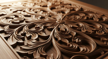 An exquisite close-up of an intricate, hand-carved wooden panel featuring a floral or baroque scrollwork design. The deep relief and flawless craftsmanship showcase luxury, traditional artistry, and decorative woodworking.の素材