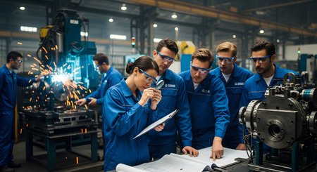A team of engineers and technicians in blue uniforms and safety goggles gather around a blueprint in a factory. One female engineer uses a magnifying glass for quality control, while other workers, including a welder, are busy in the background, showcasing teamwork and manufacturing.の素材