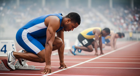 A focused and muscular male sprinter is in the "on your marks" position in the starting blocks of a running track, ready to begin a race. Other athletes are visible in the adjacent lanes, and a stadium crowd is blurred in the background. The image captures the intensity, preparation, and anticipation of athletic competition.の素材