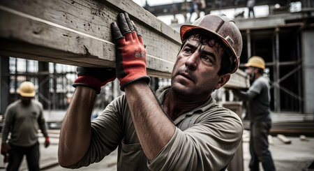 A determined construction worker wearing a hard hat and gloves focuses intently as he lifts and carries a heavy wooden beam on his shoulder. The gritty, active construction site is visible in the background, with other workers present. The image portrays the strength, dedication, and manual labor involved in the building industry.の素材