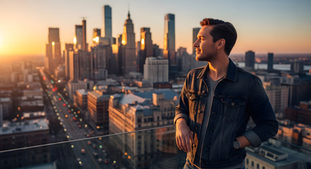 A handsome young man in a denim jacket stands on a rooftop, confidently looking out at a stunning city skyline during a golden sunset. He appears contemplative and successful, enjoying a moment of peace and freedom above the bustling city streets. The image represents urban lifestyle, ambition, and success.の素材