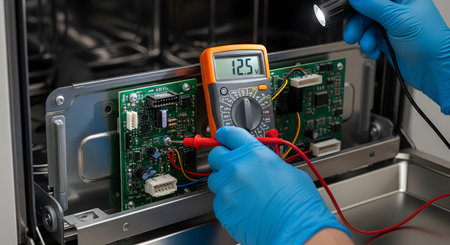 An electronics technician wearing blue gloves uses a digital multimeter to test a circuit board inside a machine or appliance. The technician holds a flashlight to illuminate the components, representing repair, maintenance, and diagnostics.の素材