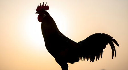 The proud silhouette of a rooster stands against the soft, warm glow of a sunrise. The image captures the iconic shape of the rooster, from its comb to its tail feathers, symbolizing the start of a new day, farm life, and waking up early. The minimalist composition creates a peaceful and classic rural scene.の素材