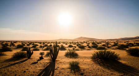 A wide, arid desert landscape is bathed in the bright light of the midday sun. Saguaro cacti and dry shrubs cast long shadows on the sandy ground, with rolling sand dunes visible in the distance, conveying heat, dryness, and vastness.の素材
