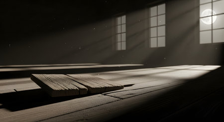 A moody and atmospheric scene of an empty, dark room with wooden floors. Beams of moonlight stream through the windows, illuminating dust particles in the air and casting long shadows. A full moon is visible through one of the windows, creating a mysterious, lonely, or cinematic feeling.の素材