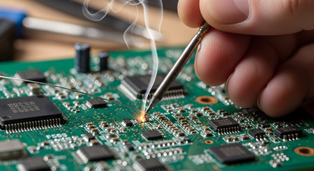 A close-up, macro shot captures the precise action of an electronics technician soldering a component onto a green printed circuit board (PCB). The hot tip of the soldering iron melts the solder wire, creating a puff of smoke as it makes the connection. This image represents electronics repair, manufacturing, and skilled technical work.の素材
