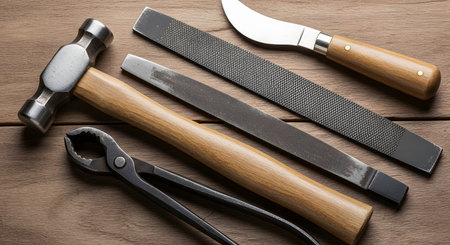 A flat lay of various traditional hand tools, including a hammer, pliers, metal files, and a knife, arranged on a rustic wooden background. The image represents craftsmanship, manual labor, a workshop, and DIY projects.の素材