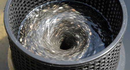 A close-up captures a swirling vortex of water mixed with glittering gold flakes inside a piece of mining or filtration equipment. The image abstractly represents concepts of wealth, discovery, gold panning, and the powerful forces of a whirlpool.の素材