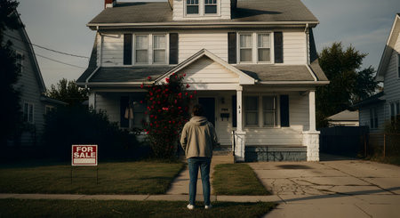 Seen from behind, a lone man in casual clothes stands before a two-story suburban house, looking on as he considers the 'For Sale' sign posted in the front yard. The image captures a pivotal moment of decision-making related to homeownership, real estate investment, and the American dream.の素材