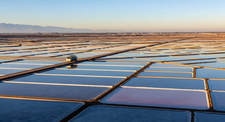 An expansive aerial view shows large, geometric salt evaporation ponds reflecting the warm light of a sunrise or sunset. A single truck travels along a dirt road that cuts through the grid-like pattern of the salt flats, with distant mountains on the horizon, evoking concepts of industry and natural resources.の素材