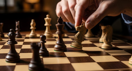 A close-up shot of a chess game in progress, with a player's hand making a strategic move with a white knight piece. The focus is on the action, highlighting the concentration and intellect involved in the classic board game. The wooden pieces and board create a timeless and sophisticated atmosphere.の素材