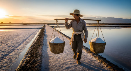 A salt farmer in traditional attire carries two heavy baskets of harvested salt on a shoulder pole, walking through salt evaporation ponds at sunrise. This image captures the hard, traditional labor and beautiful landscape of salt farming in Asia.の素材