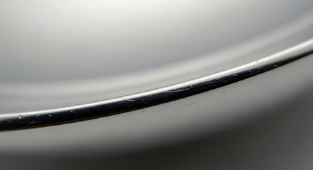An abstract macro photograph focusing on the curved rim of a stainless steel bowl or pan, revealing fine scratches from use. The shallow depth of field and metallic sheen create a sleek, minimalist, and industrial aesthetic. The image highlights texture, wear and tear, and abstract form.の素材