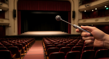 From a first-person perspective, a hand holds a microphone on a stage, facing an empty, classic theater with red seats and curtains. The image captures the moment before a performance, speech, or presentation, evoking feelings of anticipation, public speaking anxiety, or stage fright. The focus is on the microphone, a symbol of voice and communication.の素材