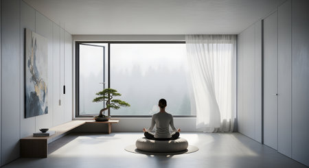 A woman is seen from behind, meditating in the lotus position on a cushion in a serene, minimalist room. She faces a large, open window that looks out onto a misty forest, creating a peaceful and tranquil atmosphere. The scene, which includes a bonsai tree, embodies mindfulness, wellness, and finding inner peace.の素材